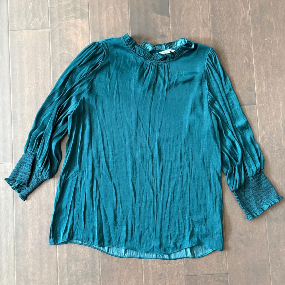 Women's Teal Long-Sleeve Ruffle Neck Blouse